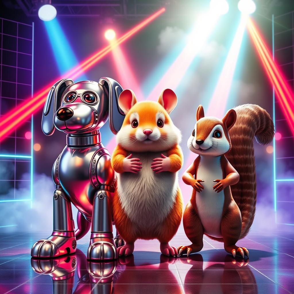 A vibrant 80s-style poster featuring three animatronic characters: a dog, a hamster, and a squirrel, standing together on a stage