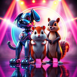 A vibrant 80s-style poster featuring three animatronic characters: a dog, a hamster, and a squirrel, standing together on a stage