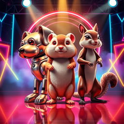 A vibrant 80s-style poster featuring three animatronic characters: a dog, a hamster, and a squirrel, standing together on a stage