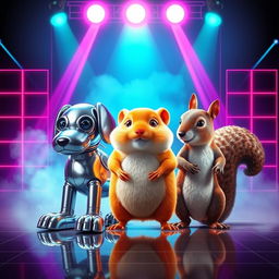 A vibrant 80s-style poster featuring three animatronic characters: a dog, a hamster, and a squirrel, standing together on a stage