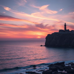 A vast, serene landscape showcasing a sunrise over an expansive ocean, with colors reflecting off the calm waters