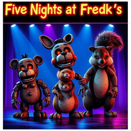 An 80s-style poster inspired by Five Nights at Freddy's featuring three animatronic characters: a dog, a hamster, and a squirrel, standing menacingly on stage