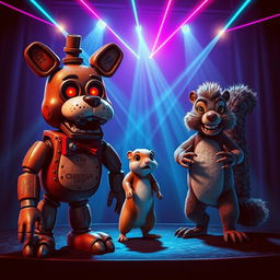 An 80s-style poster inspired by Five Nights at Freddy's featuring three animatronic characters: a dog, a hamster, and a squirrel, standing menacingly on stage