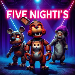 An 80s-style poster inspired by Five Nights at Freddy's featuring three animatronic characters: a dog, a hamster, and a squirrel, standing menacingly on stage