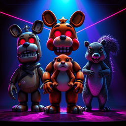 An 80s-style poster inspired by Five Nights at Freddy's featuring three animatronic characters: a dog, a hamster, and a squirrel, standing menacingly on stage