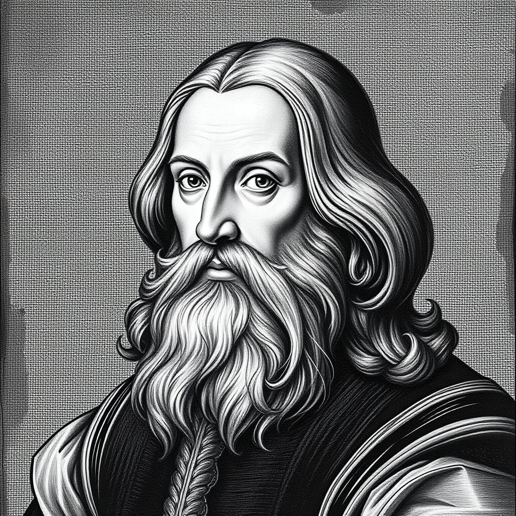 A black and white portrait of Leonardo da Vinci, capturing his thoughtful expression and characteristic features such as his long flowing beard, deep-set eyes, and high forehead