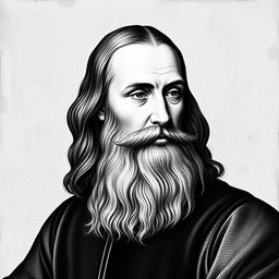 A black and white portrait of Leonardo da Vinci, capturing his thoughtful expression and characteristic features such as his long flowing beard, deep-set eyes, and high forehead