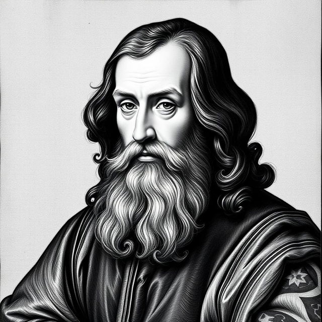 A black and white portrait of Leonardo da Vinci, capturing his thoughtful expression and characteristic features such as his long flowing beard, deep-set eyes, and high forehead