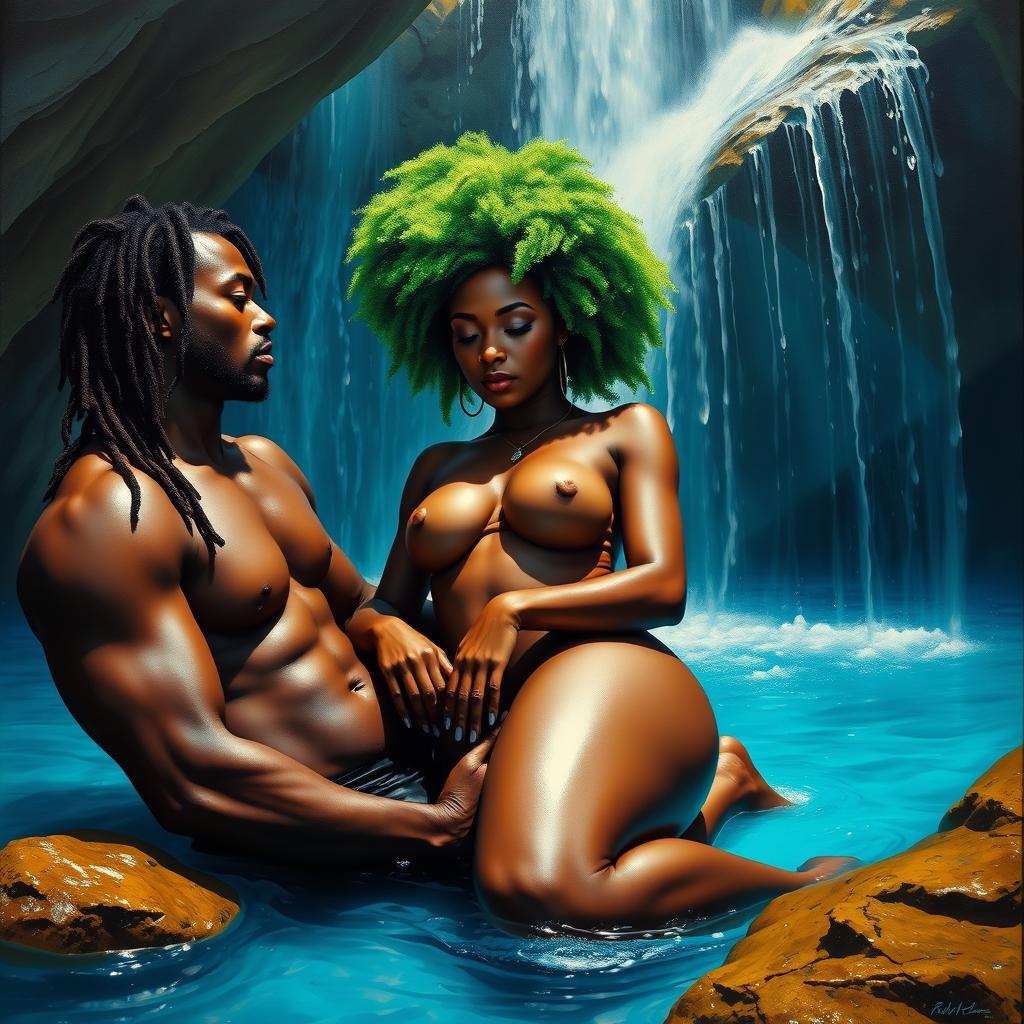 A polished, oil-based painting depicting a full nude, macro worm's eye view of a gorgeous black woman with a vibrant green tree-like afro, beautiful breasts, and a big booty