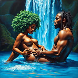 A polished, oil-based painting depicting a full nude, macro worm's eye view of a gorgeous black woman with a vibrant green tree-like afro, beautiful breasts, and a big booty