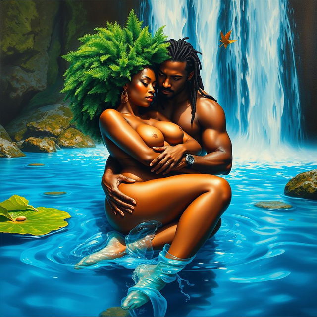 A polished, oil-based painting depicting a full nude, macro worm's eye view of a gorgeous black woman with a vibrant green tree-like afro, beautiful breasts, and a big booty