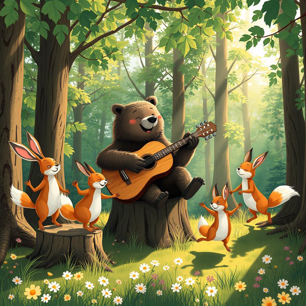 A whimsical forest scene with a bear playing the guitar, surrounded by a lively hare and fox joyfully dancing to the music