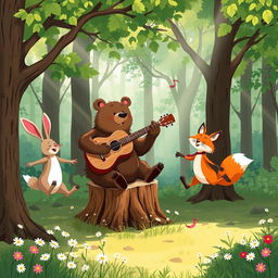 A whimsical forest scene with a bear playing the guitar, surrounded by a lively hare and fox joyfully dancing to the music