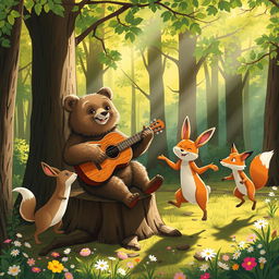 A whimsical forest scene with a bear playing the guitar, surrounded by a lively hare and fox joyfully dancing to the music