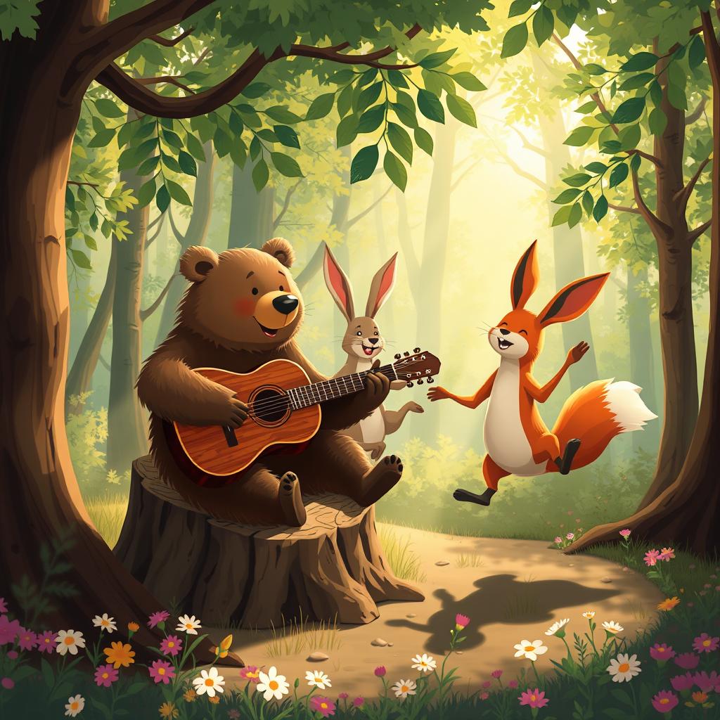 A whimsical forest scene with a bear playing the guitar, surrounded by a lively hare and fox joyfully dancing to the music