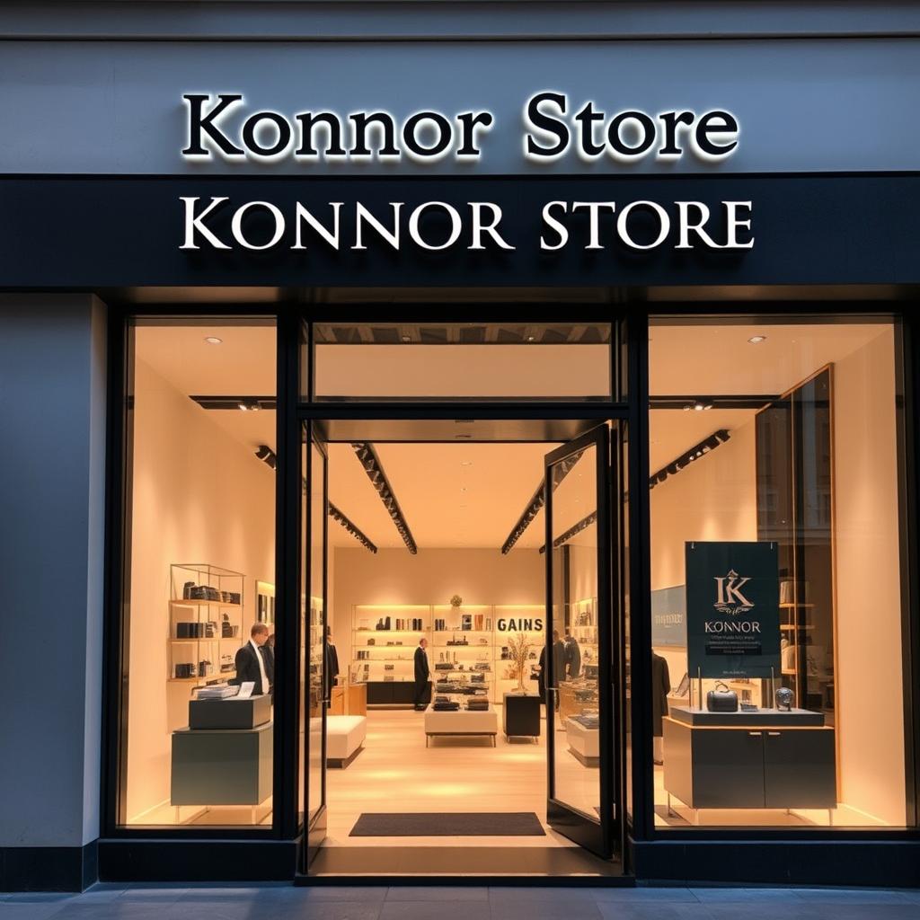 A stylish and modern store entrance with the name "Konnor Store" prominently displayed in elegant, bold letters above the doorway