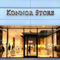 A stylish and modern store entrance with the name "Konnor Store" prominently displayed in elegant, bold letters above the doorway