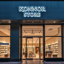 A stylish and modern store entrance with the name "Konnor Store" prominently displayed in elegant, bold letters above the doorway