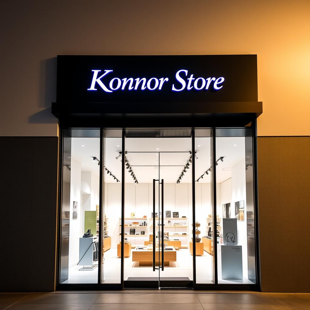 A stylish and modern store entrance with the name "Konnor Store" prominently displayed in elegant, bold letters above the doorway