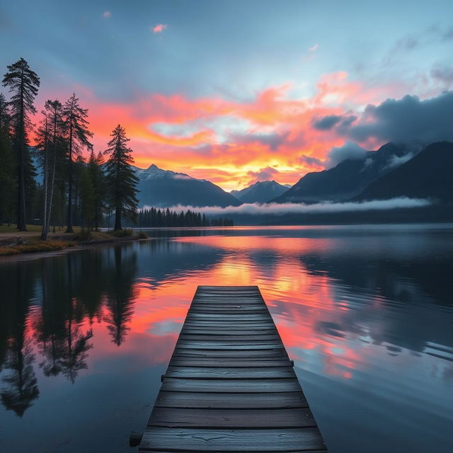 A peaceful landscape with a serene lake reflecting the vibrant colors of a sunset