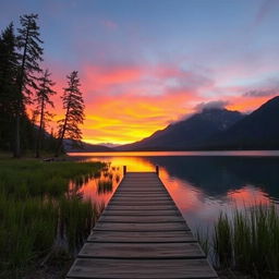 A peaceful landscape with a serene lake reflecting the vibrant colors of a sunset