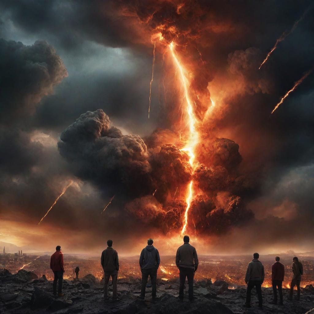 Powerfully intense depiction of the 'end of times', with dramatic skies, fiery meteors falling, and people looking to the heavens in awe and despair.