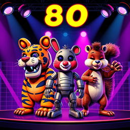 A vibrant 80s-themed poster featuring three animatronics on stage, inspired by Five Nights at Freddy's