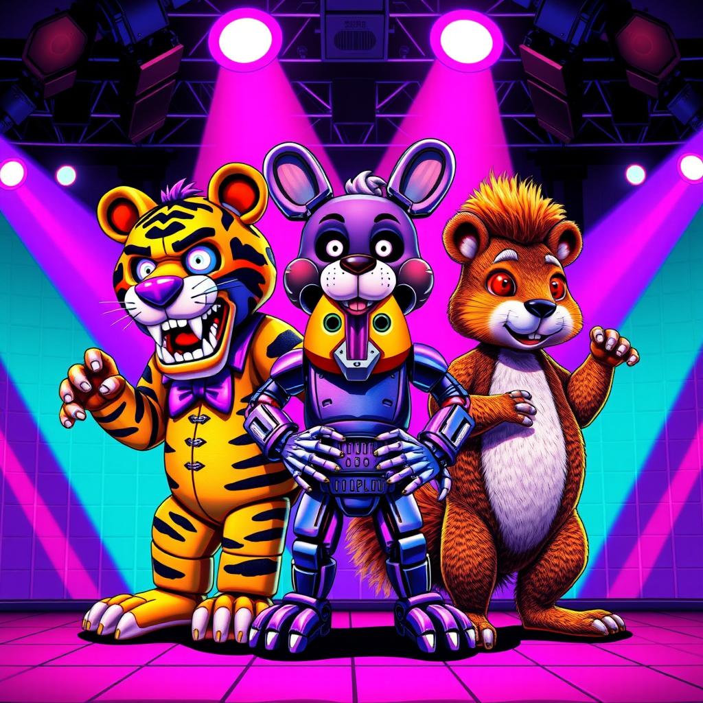 A vibrant 80s-themed poster featuring three animatronics on stage, inspired by Five Nights at Freddy's