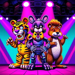 A vibrant 80s-themed poster featuring three animatronics on stage, inspired by Five Nights at Freddy's