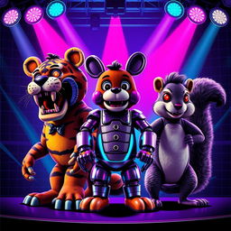 A vibrant 80s-themed poster featuring three animatronics on stage, inspired by Five Nights at Freddy's