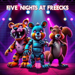 A vibrant 80s-themed poster featuring three animatronics on stage, inspired by Five Nights at Freddy's