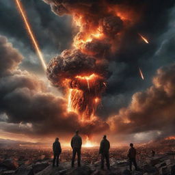 Powerfully intense depiction of the 'end of times', with dramatic skies, fiery meteors falling, and people looking to the heavens in awe and despair.