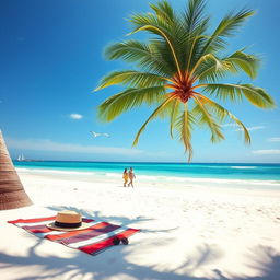 A serene beach landscape with a clear blue sky, soft white sand, and gentle ocean waves