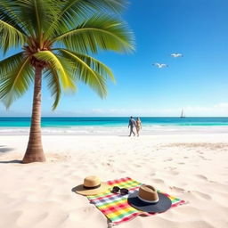 A serene beach landscape with a clear blue sky, soft white sand, and gentle ocean waves