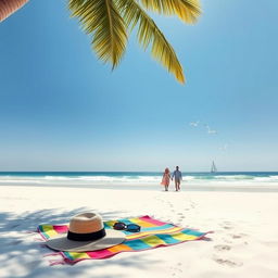 A serene beach landscape with a clear blue sky, soft white sand, and gentle ocean waves