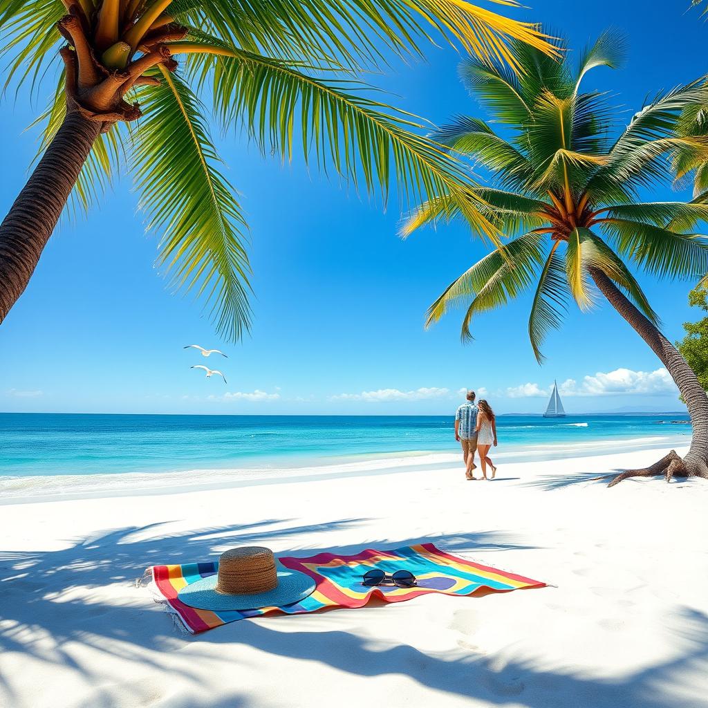 A serene beach landscape with a clear blue sky, soft white sand, and gentle ocean waves