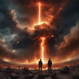 Powerfully intense depiction of the 'end of times', with dramatic skies, fiery meteors falling, and people looking to the heavens in awe and despair.