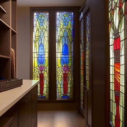 A luxurious walk-in closet with intricate stained glass windows letting in soft, colorful light.