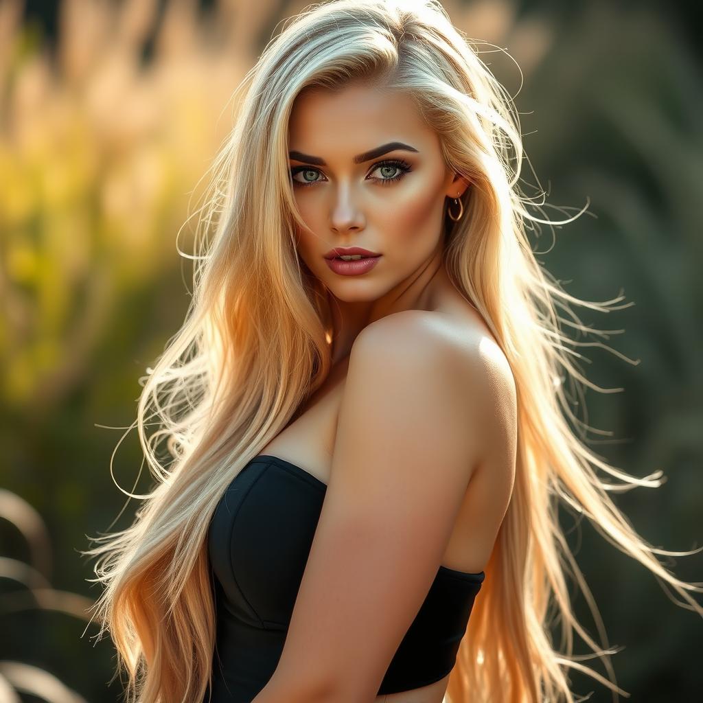 A stunning blonde woman with long flowing hair, showcased in a natural setting