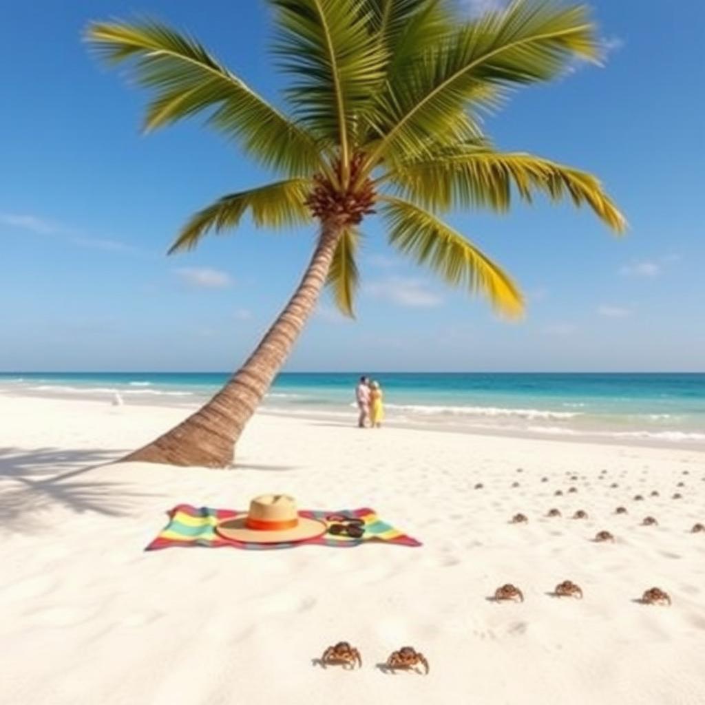 A serene beach landscape with a clear blue sky, soft white sand, and gentle ocean waves