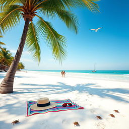 A serene beach landscape with a clear blue sky, soft white sand, and gentle ocean waves