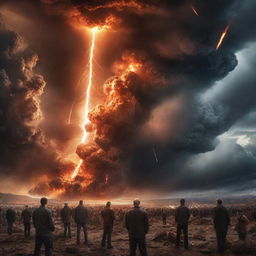 Powerfully intense depiction of the 'end of times', with dramatic skies, fiery meteors falling, and people looking to the heavens in awe and despair.