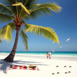 A serene beach landscape with a clear blue sky, soft white sand, and gentle ocean waves