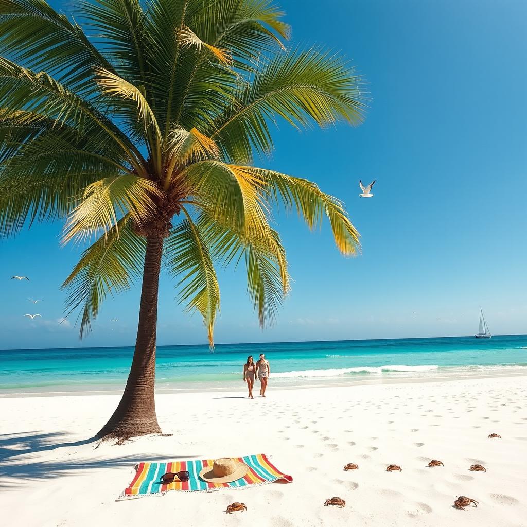 A serene beach landscape with a clear blue sky, soft white sand, and gentle ocean waves