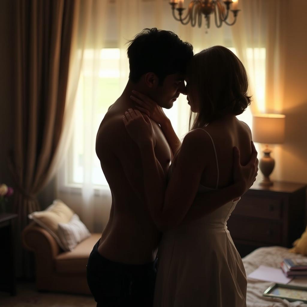 A tastefully suggestive scene featuring an intimate embrace between two anonymous adults, their bodies partially obscured by shadows and drapery, creating a sense of mystery and allure, set in a softly lit room with a warm ambiance, focusing on the emotional connection and aesthetic beauty of the moment