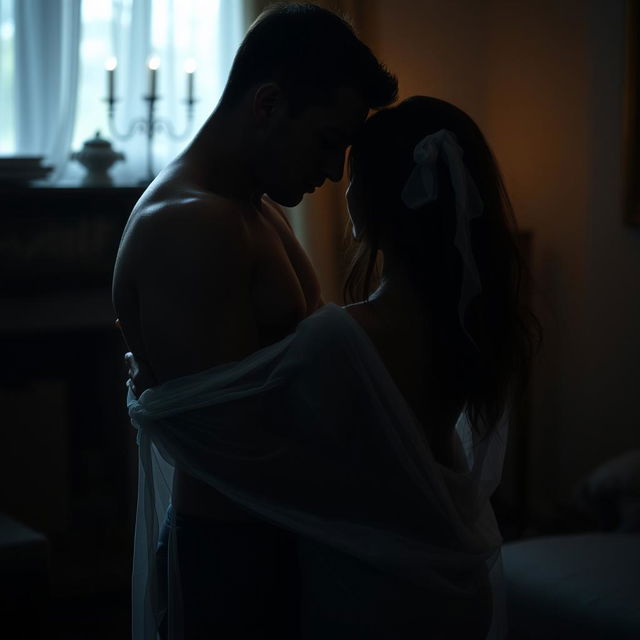 A tastefully suggestive scene featuring an intimate embrace between two anonymous adults, their bodies partially obscured by shadows and drapery, creating a sense of mystery and allure, set in a softly lit room with a warm ambiance, focusing on the emotional connection and aesthetic beauty of the moment