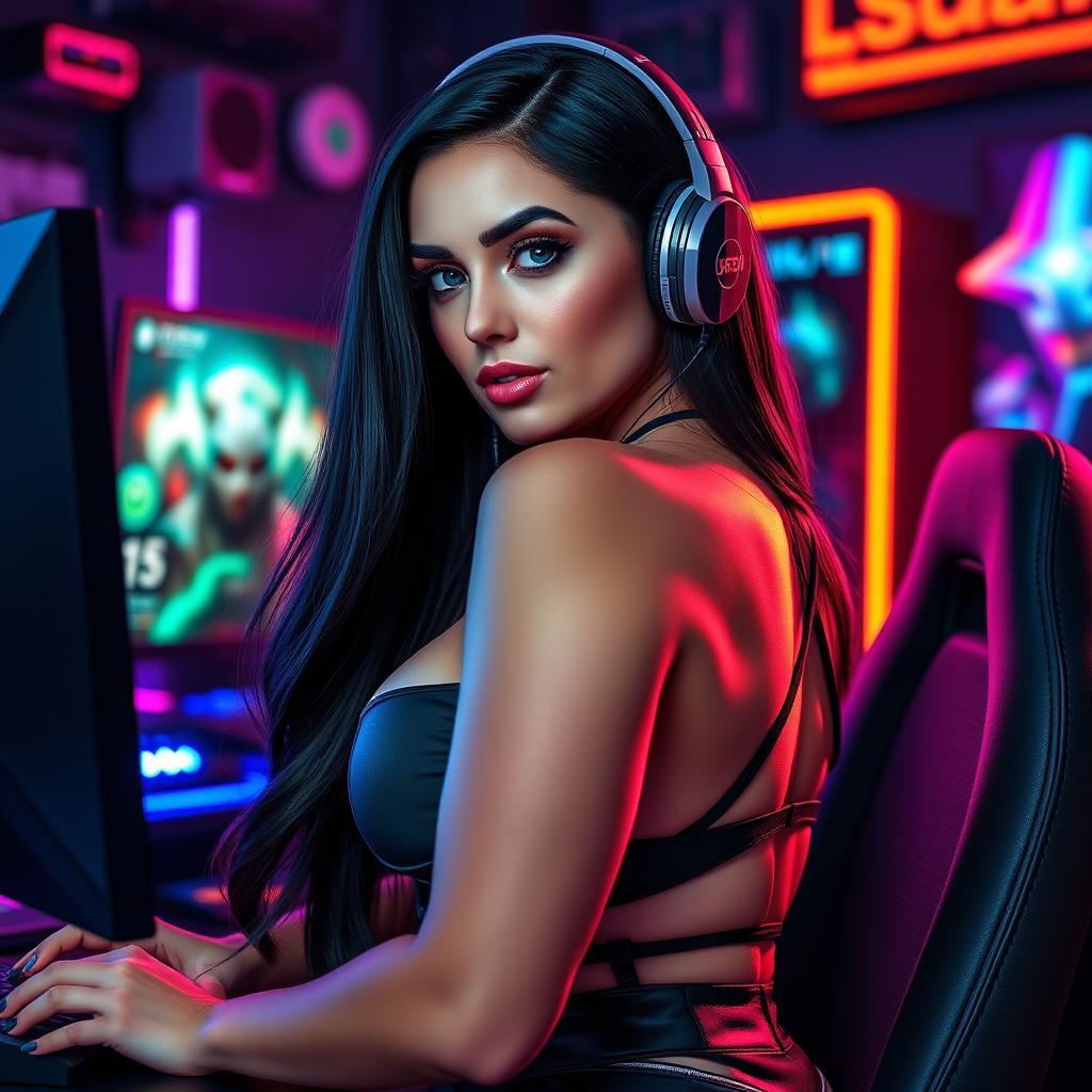 A sexy and realistic portrayal of a gamer girl with long, sleek black hair