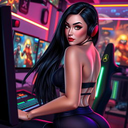 A sexy and realistic portrayal of a gamer girl with long, sleek black hair