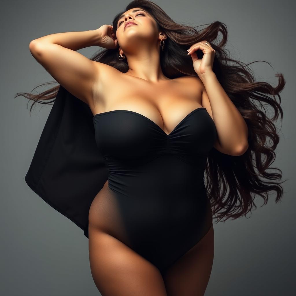 A stunning brunette woman with large, voluptuous curves, confidently enjoying her natural beauty