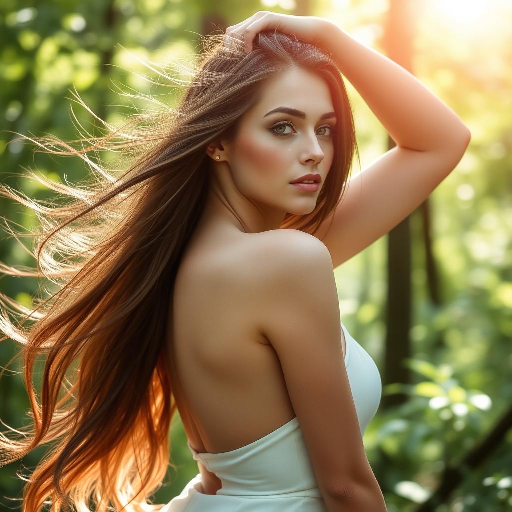 A tasteful and artistic representation of feminine beauty, featuring an elegant woman with long flowing hair, posed gracefully in a natural, serene setting